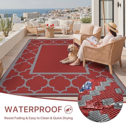 GENIMO Outdoor Rug, Waterproof Plastic Rugs for Patio, 9'x12' Red Grey - Image 6