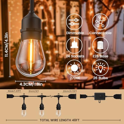 48ft Outdoor String Lights with Remote & Dimmer,24+2 Commercial Grade IP65 Waterproof Bulbs, 2700K Warm White,3 Lighting Modes & Timer,Includes 30 Cable Ties for Patio,Garden, Party - Image 5