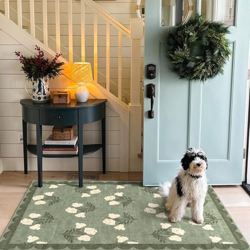 3x5 Floral Entry Rug - Small Washable Indoor Outdoor Mats for Front Door Non-Slip Spring Porch Rug Sage Green Farmhouse Throw Rugs for Living Room Bedroom Entryway Kitchen Office Porch Decor - Image 7