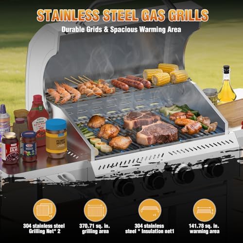 R.W.FLAME 4-Burner Gas Grill, Propane Grill with Folding Side Tables, Heavy-Duty Thickened Stainless Steel Grill, 32,000 BTU BBQ Grill for Outdoor Cooking, Barbecue, Garden and Patio Backyard - Image 5