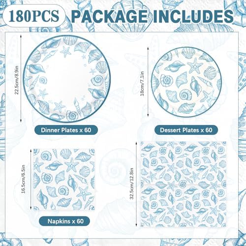 180Pcs Blue Seashell Starfish Coral Plates and Napkins Set,Serves 60 - Image 2
