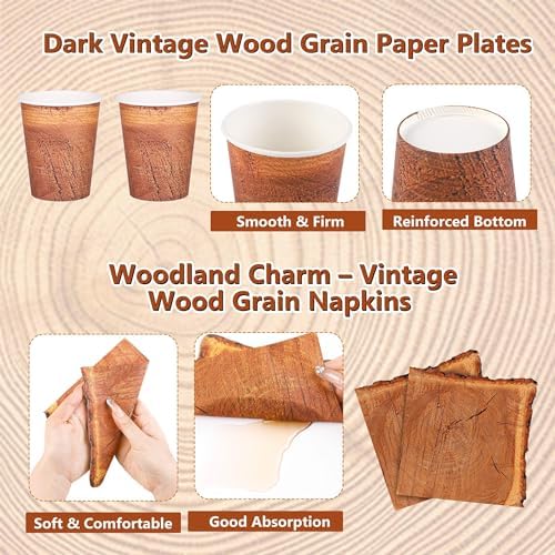 Kochorie 96 Pieces Wood Grain Slice Tableware Sets Rustic Wood Party Supplies Including Paper Plates, Napkins, Cups, Serves 24 for Camping Birthday Hunting Forest Party Decorations - Image 4