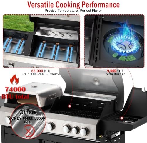 5‑Burner 74000 BTU 3‑In‑1 Propane Gas Grill Combo with Side Burner - Image 4
