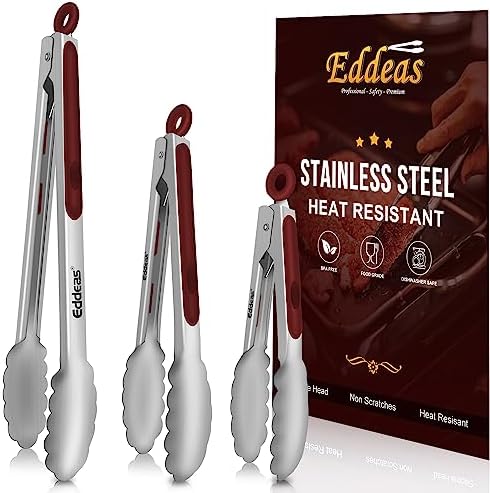 Eddeas Tongs For Cooking - 7",9" and 12 inch Kitchen Tong Heat Resistant 600 Degrees Stainless Steel Tongs, Heavy Duty Metal Locking Tong, Perfect for Food, BBQ Red Set of 3 by Eddeas