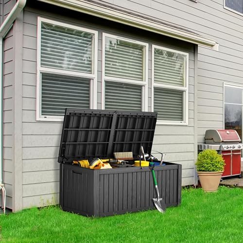 Outdoor Storage Box, 180 Gallon Waterproof Deck Box, Piston-Lift Tall Standing Cabinet for Oversized Cushions, Lockable Deep Tool Organizer Storage Bench, Large Lawn, Black - Image 2