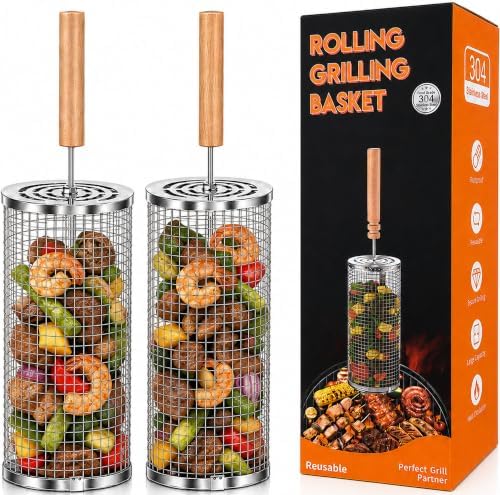 Rolling Grill Basket Set of 2, XL 304 Stainless Steel Grill Baskets for Outdoor Grill, Large BBQ Basket with Removable Wooden Handle for Vegetables, Fish, Wings, Shrimp and Camping by Unknown