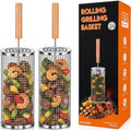 Rolling Grill Basket Set of 2, XL 304 Stainless Steel Grill Baskets for Outdoor Grill, Large BBQ Basket with Removable Wooden Handle for Vegetables, Fish, Wings, Shrimp and Camping by Unknown