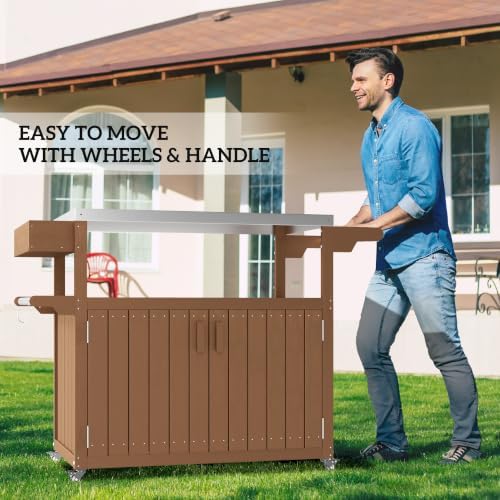 Outsunny Outdoor Bar Cart with Storage Cabinet Kitchen Island Brown - Image 7