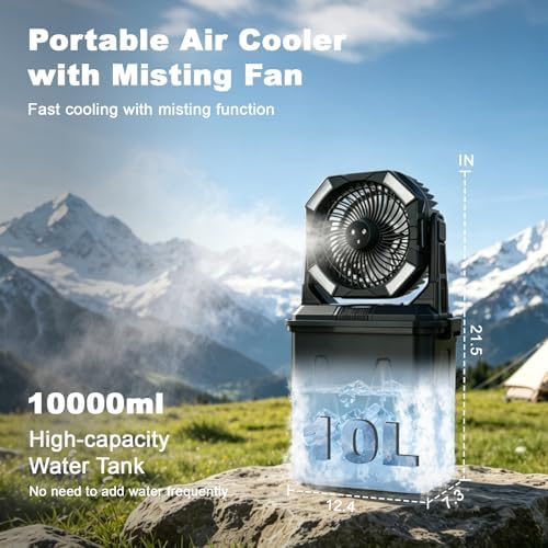 20000mAh Portable Misting Fan with 10L Large Water Bucket, 3-Speed Outdoor Floor Fan with Mist, USB Rechargeable Battery Powered Misting System for Patios, Camping, Beach, Golf and Picnic - Image 2