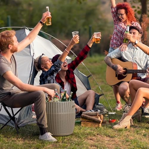 EasyUp 9.5 Gallon Outdoor Cooler Table, Wicker Round Ice Bucket for Parties, Rattan Bar Table with Top Lid Side Handles Drainage Plug, Beer Wine Cooler Side Tables for Patio, Poolside, Deck, Grey - Image 5
