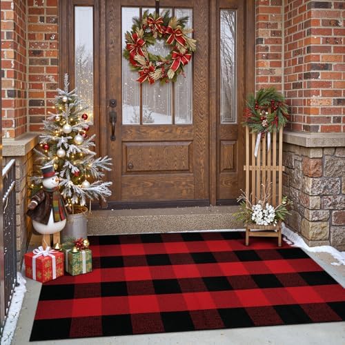 OJIA Christmas Outdoor Rug 3'x5' Red Plaid Front Door Mat Outdoor Area Rug - Image 3