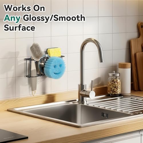 3-IN-1 Multiuse Sponge Holder for Kitchen Sink, Sponge Caddy for Scrub Daddy/Scrub Mommy Smiley Face, Sink Organizer Accessories for Dish Brush, Scrubber - with 2 Suction Cups & 1 Adhesive Hook - Image 5