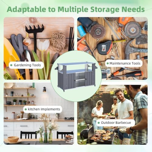 AECOJOY Outdoor Grill Cart with Stainless Steel Top, Outdoor Kitchen Island with Wheels, BBQ Prep Table, 2-Tier Storage Cabinet, Rolling Utility Station for Patio in Dark Grey - Image 7