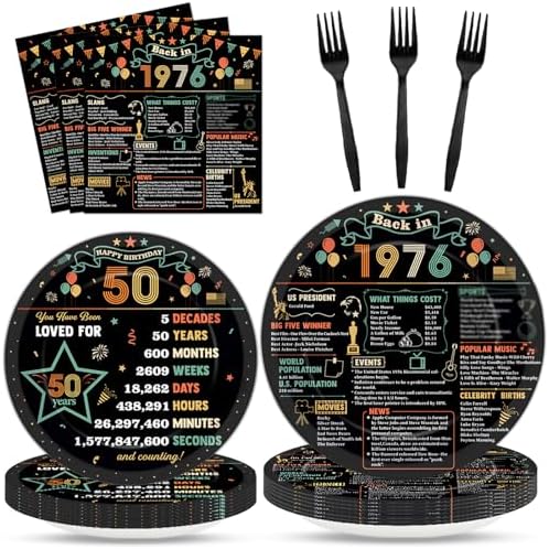 96Pcs 50th Birthday Party Paper Plates and Napkins 50th Birthday Supplies for Men and Women Disposable Dessert Plates Back in 1976 Colorful Tableware 1976 Birthday Gatherings Decorations by Oitnlaughter