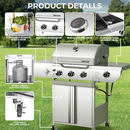 Electactic 3-Burner Propane Gas Grill with Side Burner, 34,000 BTU Stainless Steel BBQ Grill with Enameled Cast Iron Grates, Built-In Thermometer, Barbecue Grill for Outdoor Cooking, Patio, Tailgates - Image 5