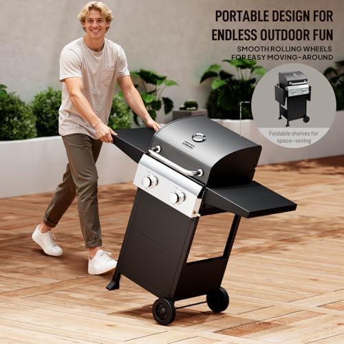 ROVSUN 2 Burner Propane Gas Grill with Foldable Side Shelves, 24000BTU BBQ Grills with Enameled Cast Iron Grates, Cabinet & Poratable Rolling Wheels for Outdoor Garden Patio Backyard Barbecue Cooking - Image 5