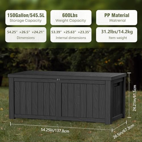 Outdoor Storage Box, 150 Gallon Waterproof Deck Box, Piston-Assisted Resin Trunk for Sectional Sofa Cushions, High-Capacity Lockable Double Storage Bench, Patio Lounge, Black - Image 3