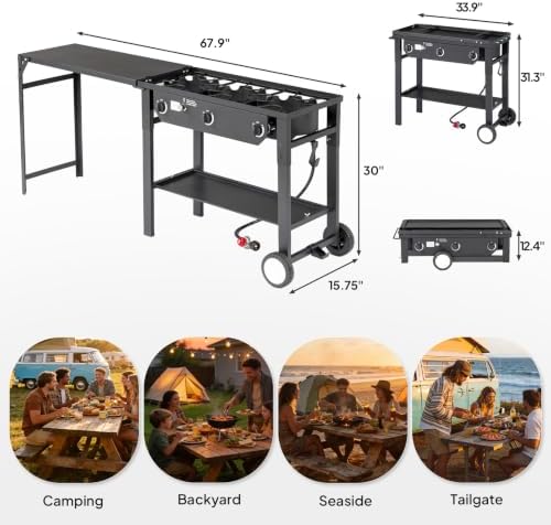 Bonnlo 3 Burner Propane Gas Stove with Work Station & Auto Ignition, 225,000 BTU Portable Camping Stove with Wheels & Regulator, Outdoor Propane Stove for Backyard Patio Cooking BBQ - Image 6