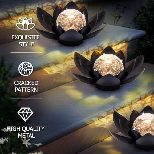 Huaxu Solar Lights Outdoor Garden Decor Metal Black Lotus Decoration, Crackle Globe Glass Waterproof LED Outside Table Lamp for Patio,Lawn, Yard,Walkway,Tabletop,Ground Gifts for Mom - Image 3