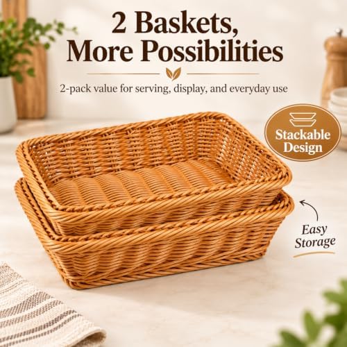 2 Pack Wicker Bread Baskets, 12 Inch Rectangular Serving Trays - Image 4