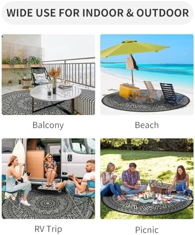 MontVoo Outdoor Rug Carpet Waterproof Round 8ft Outdoor Patio Rug Mat Reverisble Plastic Straw Outdoor Rug for RV Camping Picnic Beach Balcony Boho Grey - Image 3