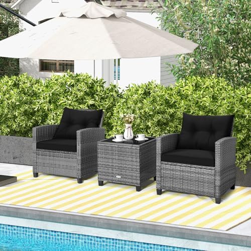 Tangkula 3 Pieces Patio Furniture Set, Outdoor PE Rattan Conversation Chair Set with Tempered Glass Side Table and Removable Cushions, PE Wicker Chairs and Table Set for Porch, Balcony and Garden - Image 2