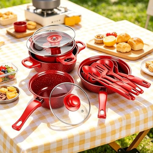 13 Piece Set Non-Stick Cookware Set, Portable Lightweight Cast Iron Pots and Pans with Glass Lids and Nylon Utensils for Outdoor Camping Picnic Travel Cookware - Image 4
