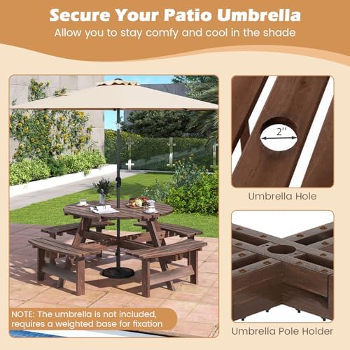 Giantex 8-Person Round Picnic Table Set with 4 Benches, 550 LBS Bench Capacity, 2" Umbrella Hole, Circular Outdoor Wood Dining Table & Chairs for Patio Yard Garden Porch Deck (71”x71”x28”,Brown) - Image 5