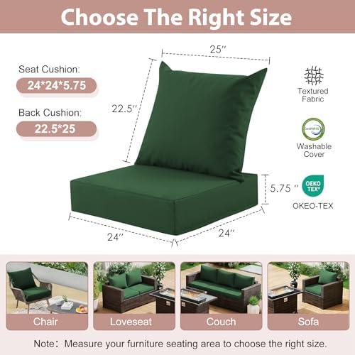 Outdoor Deep Seat Cushion Set, 24x24 Inch, Forest Green, Set of 4 - Image 2