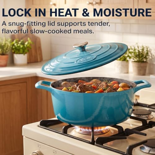 La Cuisine Enameled Cast Iron Oval Dutch Oven Casserole Pot with Lid 6.75 QT Internal Matte Black Enamel Coating for bread baking For GlassTop Oven-Safe 550°F/276°C 2-ToneTeal - Image 5