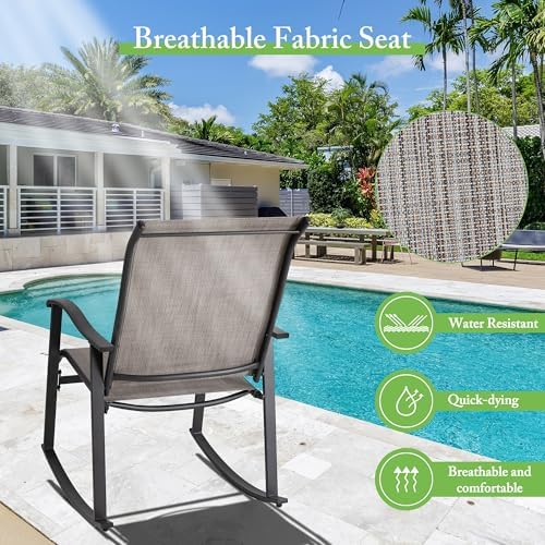 Shintenchi 3 Piece Rocking Bistro Set, Outdoor Furniture with Rocker Chairs and Glass Coffee Table Balcony, Porch Furniture for Small Space, Gray - Image 4