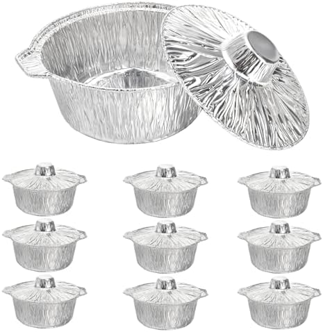 Frcctre 10 Pcs Disposable Aluminum Pot with LidS, Disposable 2 Liter Round Aluminum Foil Pan Food Container for Camping Vacation Trips Picnic Heating Cooking by Frcctre