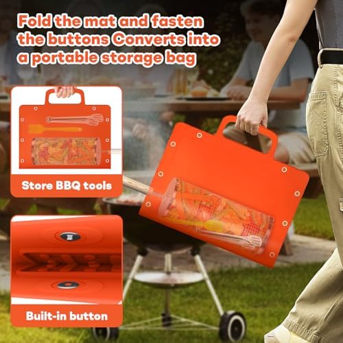 Portable Outdoor Silicone Grill Mat, Foldable Heat-Resistant Table Mat & BBQ Side Shelf Tool Pad with Snap Buttons, Converts into Storage Bag for Utensils and Food, Food-Grade, Non-Slip(Orange) - Image 3