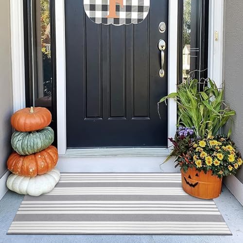 OJIA Front Door Rug 24"x51" Gray and White Striped Outdoor Rug Porch Decor by OJIA