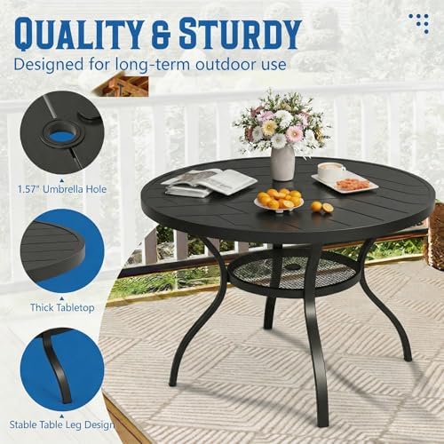 SUNCROWN 42 Inch Round Outdoor Patio Dining Table, All Weather Black Metal Steel Slat Table with 1.5" Umbrella Hole, Weather Resistant Outside Furniture for Lawn Garden Backyard Porch - Image 7