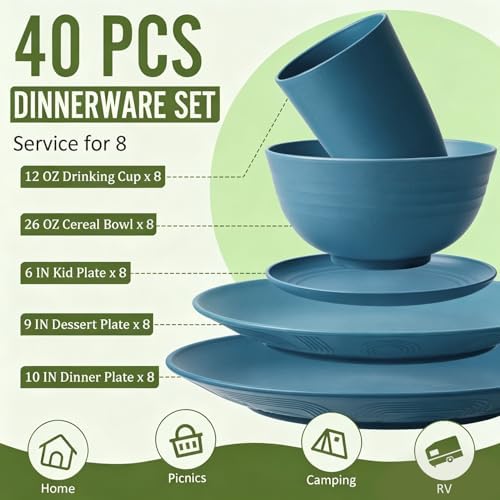 40-Piece Wheat Straw Dinnerware Sets,Unbreakable Dishes Set for 8 - Drinking Cups, Plates and Bowls Sets, Reusable Microwave Safe Dinnerware Set for Home, Outdooor, RVs - Blue - Image 2