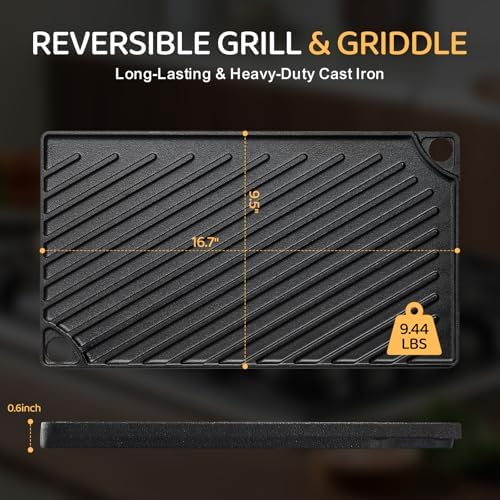 EWFEN Reversible Grill/Griddle, 16.7x9.5'' Pre-Seasoned Cast Iron Griddle Pan, Double Burner Cookware, Rectangular Stovetop Griddle with Handles, Flat Top Plate for Oven, Grill & Campfire - Image 2