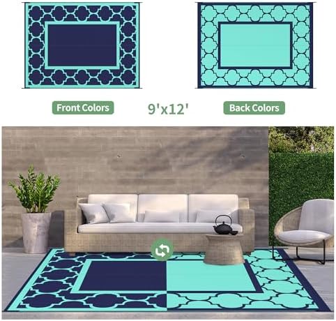 GENIMO Outdoor Rug, Waterproof Plastic Rugs for Patio, 9'x12' Blue Green - Image 4