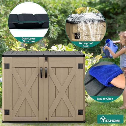 YITAHOME Outdoor Resin Storage Sheds with X-Shaped Lockable Door, 39 in Height Lockable Waterproof Horizontal Shed w/o Shelf, Easy to Assemble Shed Storage for Garden Tools, Brown - Image 4