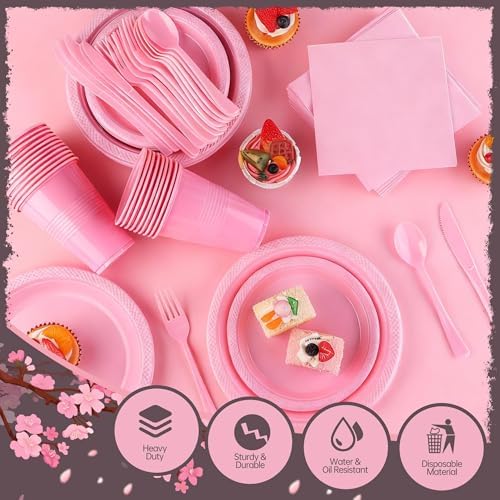 Kochorie 240 Pieces Pink Plastic Dinnerware Set Disposable Heavy Duty Plates Napkins Cups and Silverware Dessert Dinner Plates for Birthday Wedding Baby Shower Party Supplies, Serves 30 Guests - Image 3