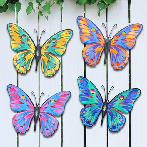 Daogtc Metal Butterfly Wall Decor - 9.6" Outdoor Fence Wall Art Decor, Hanging Decoration for Garden Yard Living Room Bedroom Patio Balcony(4 Pack) (Butterfly-G) by Daogtc