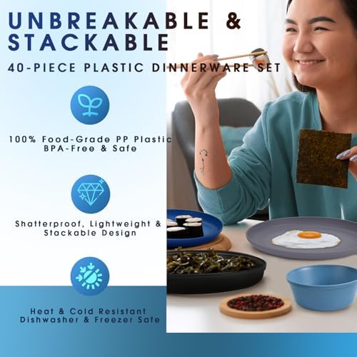 40 Piece Plastic Dinnerware Set for 8 with Cutlery, Unbreakable Plates and Bowls Set, Dishwasher & Microwave Safe Reusable Dish Set for Camping, RV, Outdoor Kitchen, Apartment Dining,Ocean Multicolor - Image 6