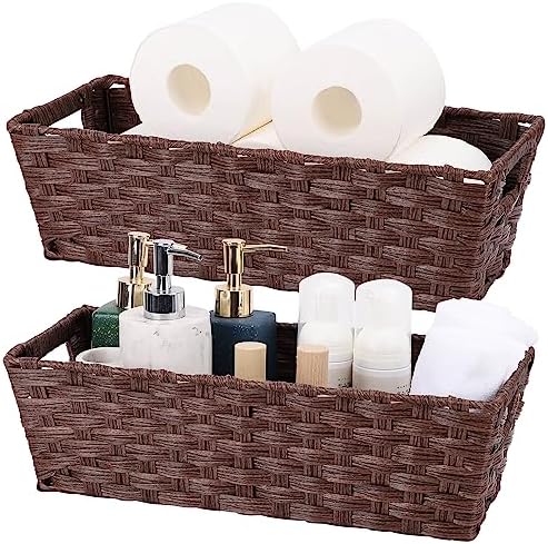 Onlytak Plastic Wicker Storage Baskets - Toilet Tank & Bathroom Baskets, Woven for Organizing, Brown, 15¾" x 6¾" x 4¾", 2-Pack by onlytak