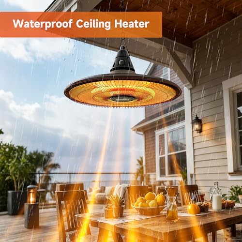 Hanging Heater, 1500W Outdoor Electric Patio Ceiling Heater with Remote Control, Infrared for Courtyard, Garage, Patio, Overheat & Tip-Over Protection, Waterproof, Brown - Image 2