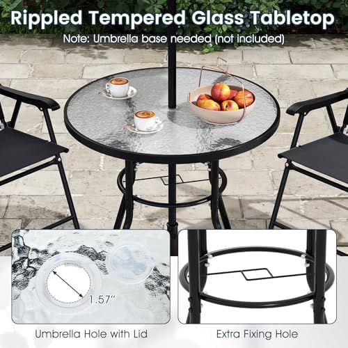 Tangkula 6 Pieces Patio Dining Set with Umbrella, Outdoor Table and Folding Chairs Set with 4 Armchairs and Round Tempered Glass Table for Garden, Deck, Lawn and Backyard (Black) - Image 5