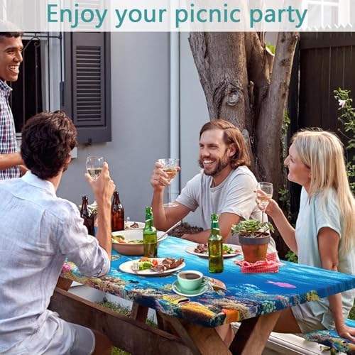 Ocean Animals Picnic Table Cover with Bench Covers, Camping Essentials, Underwater Sea Turtles Waterproof Windproof, Fitted Tablecloth Cover with Elastic Edge, for Garden & Outdoor, 3 PCS, 30x96 Inch - Image 2