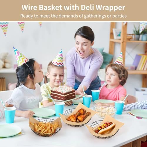 12Pcs Round Wire Serving Baskets, Snack Trays w/Oil Absorbing Deli Wrapper - Image 2