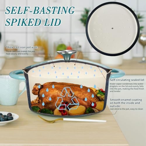 COOKWIN Cast Iron Dutch Oven, 3 QT Round Dutch Oven Pot with Self Basting Lid for Home Baking, Braiser, Cooking, Great Christmas Gifts for Family,Teal - Image 4