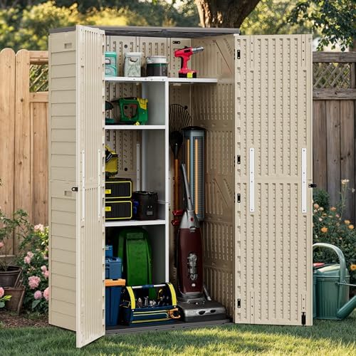 YITAHOME 60 cuft Vertical Outdoor Storage Shed with Shelf, Large Waterproof Storage Cabinet for Garden Shed, Tall Outdoor Storage Shed for Garage, Pool Storage, Resin, Lockable, Khaki & Brown by YITAHOME
