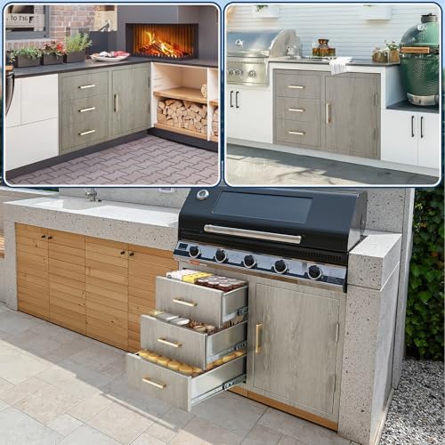 GarveeTech Stainless Steel Outdoor Kitchen Drawer Combo with Access Door, Wood Grain Film, 38.2" W x 20.5" H x 22.6" D, BBQ Island Drawer, Propane Storage, Adjustable Garbage Ring, Flush Mount - Image 3
